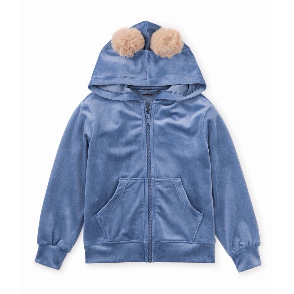 Tea Collection Girls Blue‎ Velour Pom Pom Hoodie Full Zip Pockets Size 8 $62